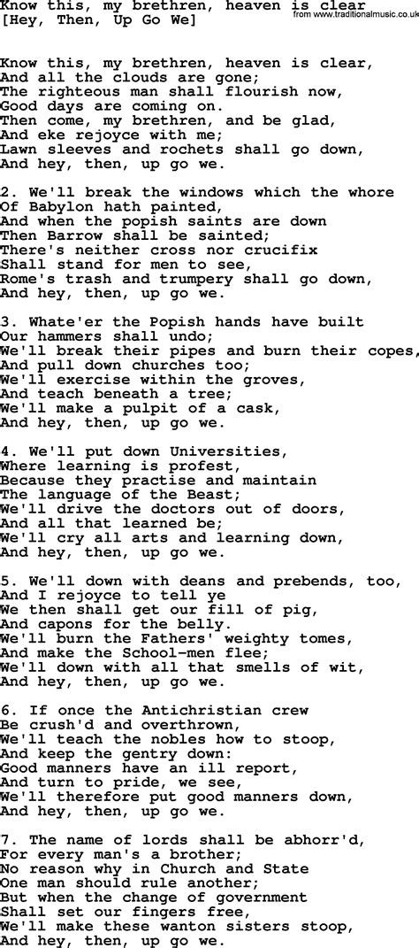 Old English Song Lyrics for Know This, My Brethren, Heaven Is Clear
