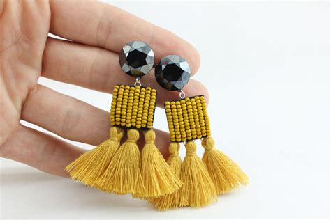 Tassel Earrings Mustard Yellow Earrings Handmade Bead