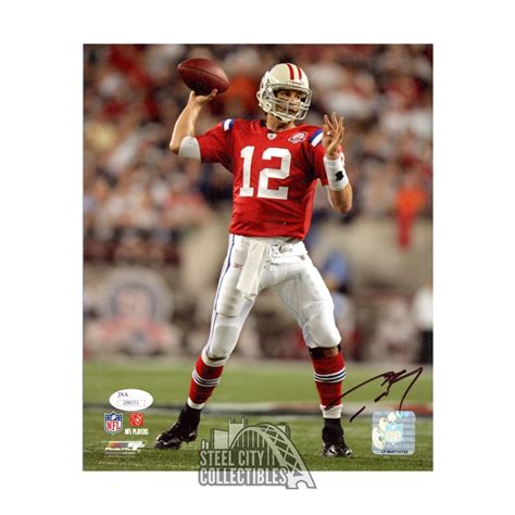 Tom Brady Autographed New England X Football Photo Jsa Loa Red