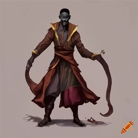 Full Body Water Genasi Monk With Brownish Black Hair Wearing A Long