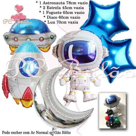 Kit 6 Balão Metalizado Astronauta Foguete Estrela Disco Lua