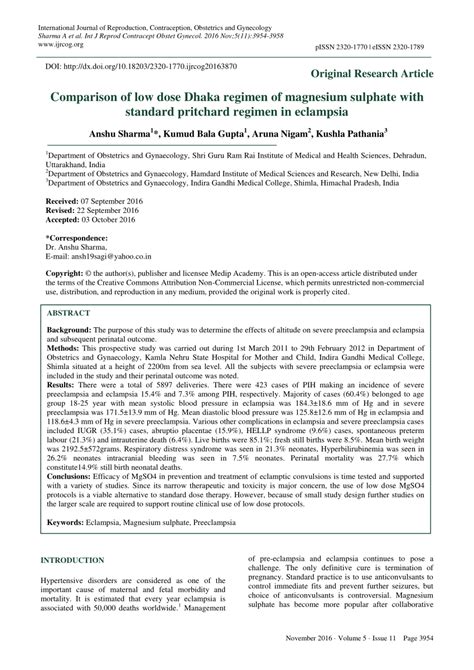 Pdf Comparison Of Low Dose Dhaka Regimen Of Magnesium Sulphate With