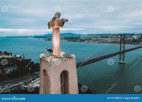 Cristo Rei Christ Statue A Lisbona Nel Tempo Uguagliante Vista Aerea