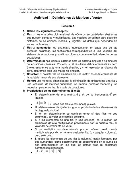 Actividad Definiciones De Matrices Y Vectores Unidad Iii Modelos