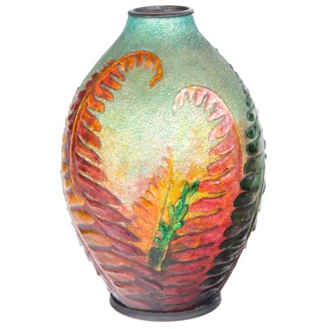 French Art Nouveau Enameled Glass Fern Vase by Camille Fauré