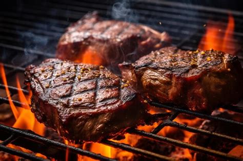 Premium Photo Sizzling Beef Steaks On Grill With Smoke And Flames