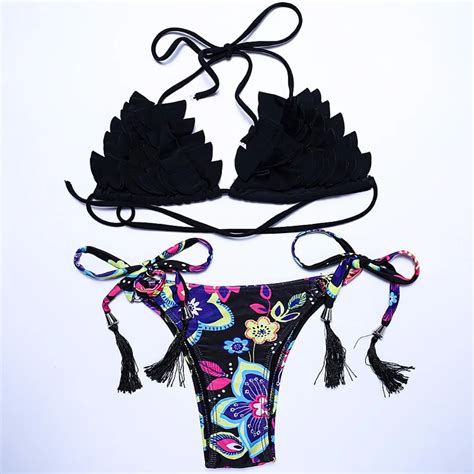 Tassel Print Sexy Thong Bikini Sets Straps Women Swiming Suit Push