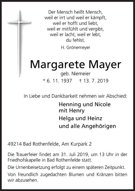 Traueranzeigen Von Margarete Mayer Noz Trauerportal