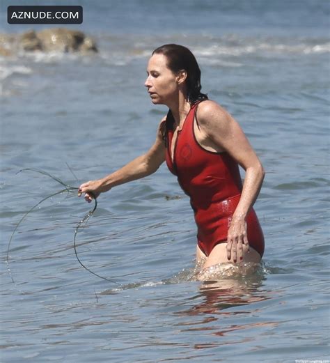 Minnie Driver Sexy Wears A Red One Piece For Dip In The Ocean On Hot