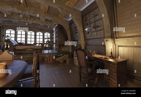 3D illustration de l intérieur de la cabine du vieux bateau pirate