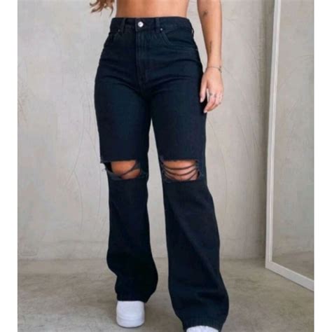 Calça feminina Wide leg Pantalona rasgo no Joelho Premium Shopee Brasil