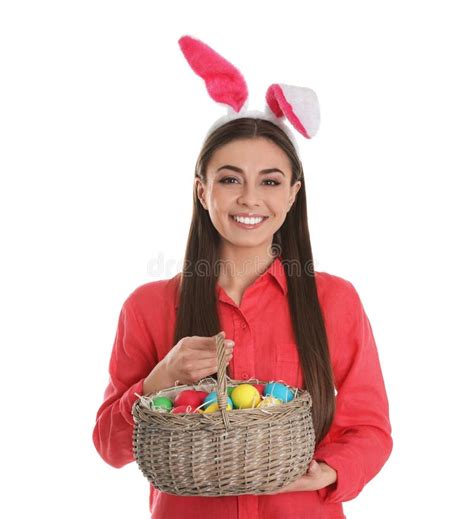 Beautiful Woman In Bunny Ears Headband Holding Basket With Easter Eggs