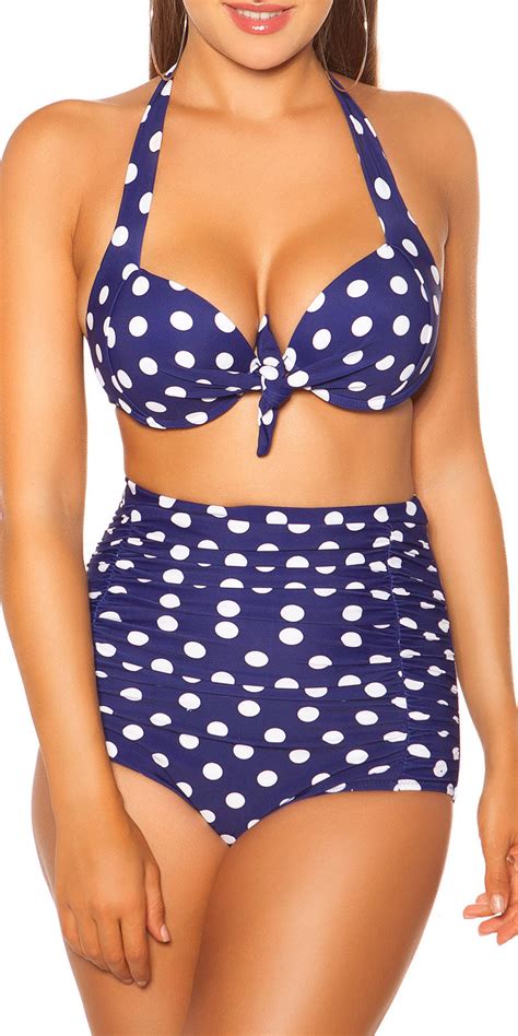 Sexy Pushup Bikini Polka Stippen Met Hoge Taille Broek Marineblauw
