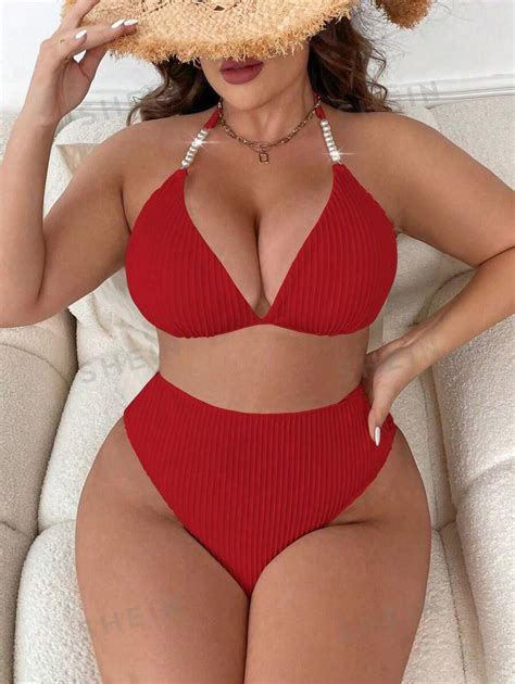 SHEIN Swim Curve Conjunto De Bikini Para Mujeres De Talla Grande En Unicolor Simple Diario Con