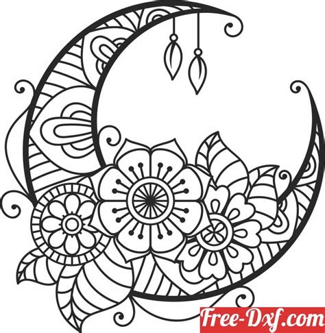 floral moon mandala art - free dxf download in 2024 | Mandala art, Moon ...