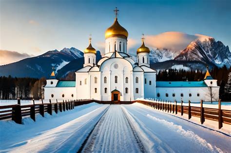 Premium AI Image | a church in the snow with a mountain in the background