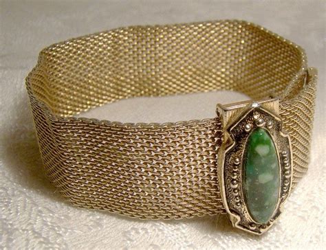 Sarah Coventry Gold Plated Green Stone Mesh Bracelet 1960s 1970s Etsy