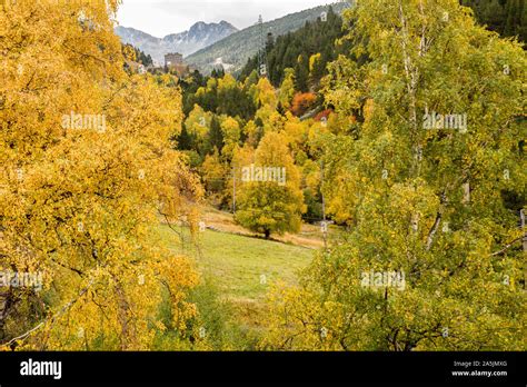 The Mountain Autumn Landscape With Colorful Forest In Andorra Stock