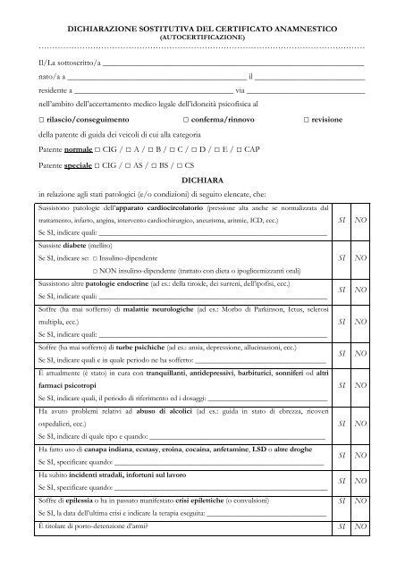 CERTIFICATO ANAMNESTICO PER PATENTE SCARICA