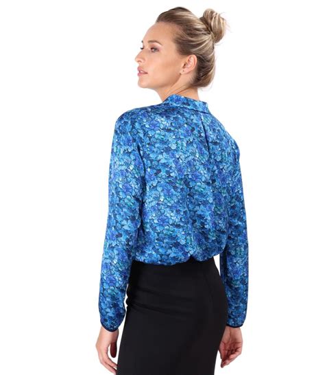 Satin Blouse Printed With Floral Motifs Blue Yokko