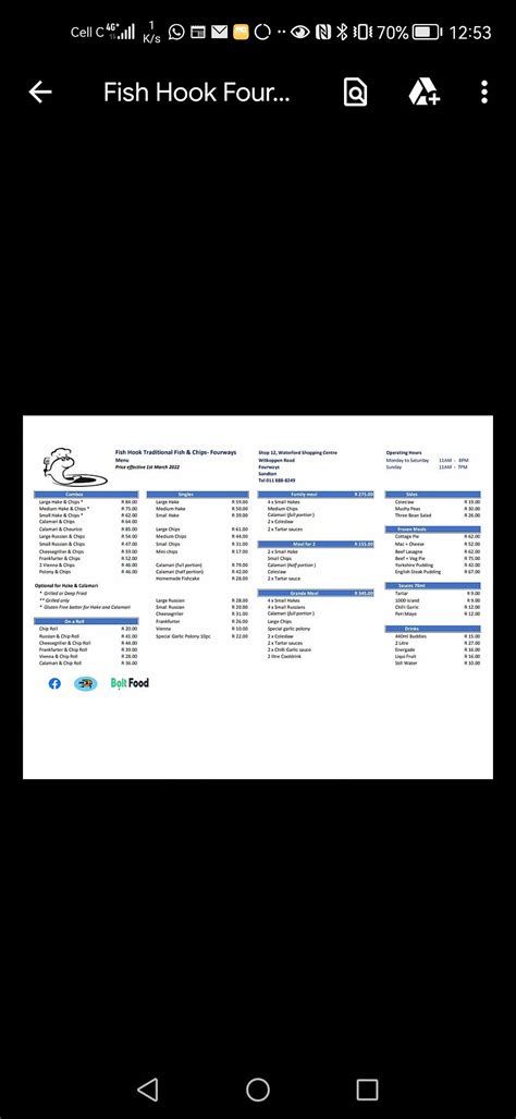 Menu At Fish Hook Fourways Traditional Fish And Chips Restaurant