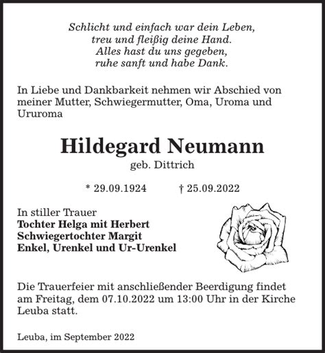 Hildegard Neumann Traueranzeige Sächsische Zeitung