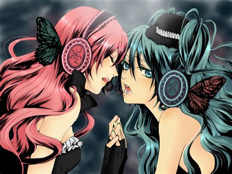 2girls Aqua Eyes Aqua Hair Butterfly Gloves Hat Hatsune Miku Headphones