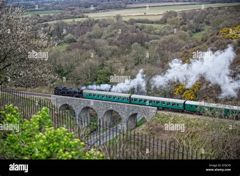 Swanage Steam Railway Train Leaving Corfe Castle Railway Station Viewed