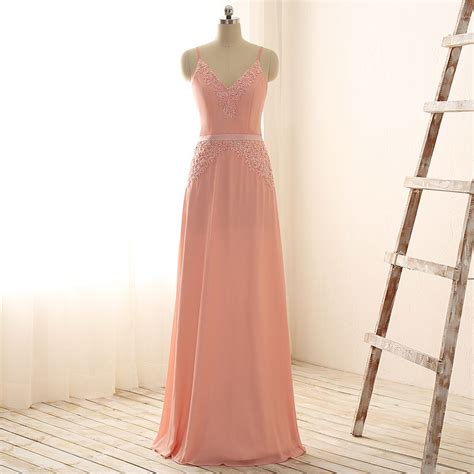 Peach V Neck Spaghetti Strap Beads And Appliques Chiffon Evening Dress