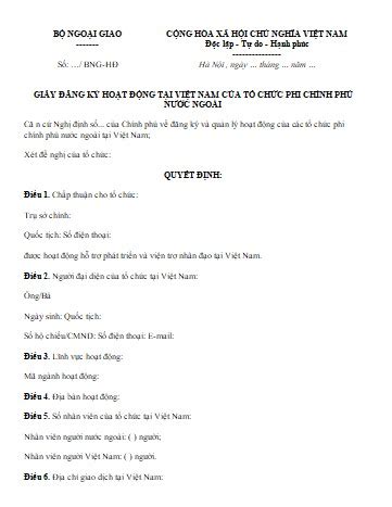 Mẫu Giấy đăng ký hoạt động tại Việt Nam của tổ chức phi chính phủ nước