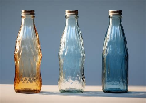 Tres Botellas De Vidrio De Diferentes Colores Sentadas Juntas Foto