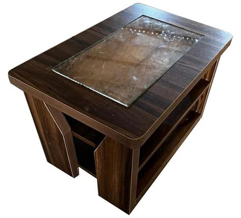 Rectangular Engineered Wood Glass Top Brown Wooden Center Table With