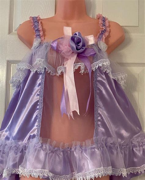 Sissy Violet Light Purple Satin Baby Doll Nighty Negligee Dress Set