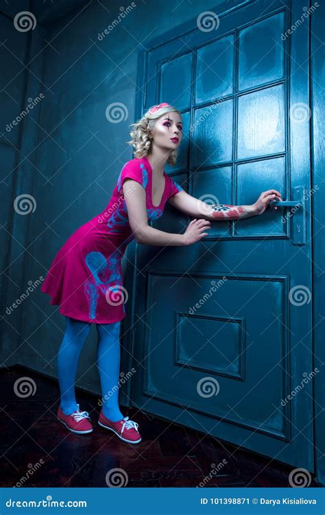 Beautiful Blonde Girl With Two Pigtails With Creative Doll Make Up Pink Glossy Lips Wearing