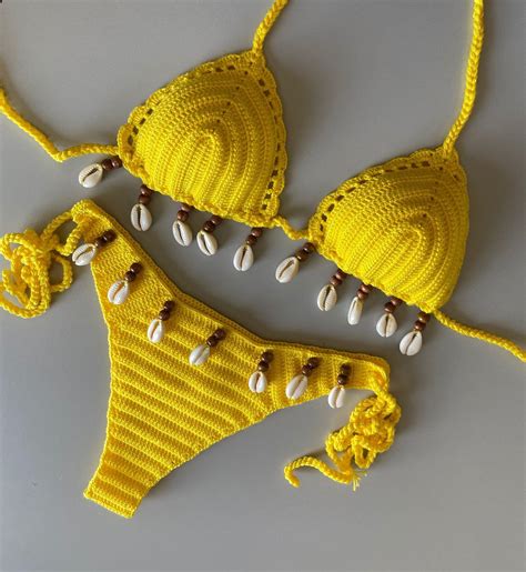 Crochet Bikini Set Yellow Bikini Color Sea Shells Bikini Women Swimwear Shell