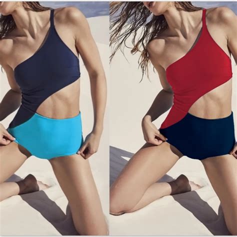 2019 Newest Sexy Blue Red Patchwork 1piece Swimsuit One Shoulder Monokini Beach Swim Wear Ladies