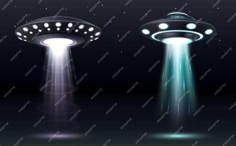 Ufo 세트입니다 광선이 있는 현실적인 외계인 우주선 미래의 공상 과학 미확인 우주선 비행 접시와 납치 스포트라이트 레이