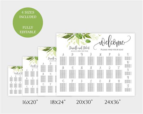 Greenery Wedding Seating Chart Template Editable Alphabetical Order