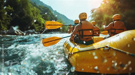 Four people are rafting down a river. They are all wearing life jackets ...