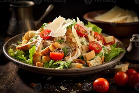 A Delicious Chicken Caesar Salad With Parmesan Cheese Tomatoes