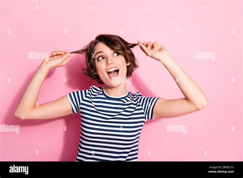 Photo Of Attractive Overjoyed Lady Hold Hands Short Hairdo Curls Toothy