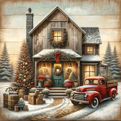 The Holiday Aisle Vintage Holiday Homestead With Red Truck Print