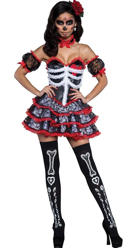 Mexican Day Of The Dead Costume Helloween Sexy Senorita Bone Ita