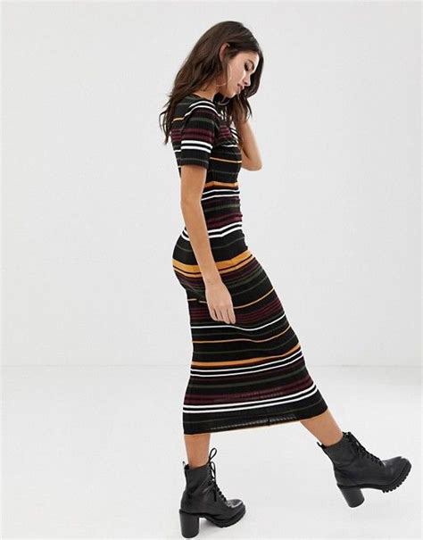 Asos Design Asos Design Stripe Rib Midi Bodycon Dress With V Neck