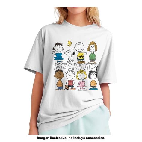 Playera Peanuts Para Mujer Manga Corta Snoopy Y Amigos Oversize Blanco