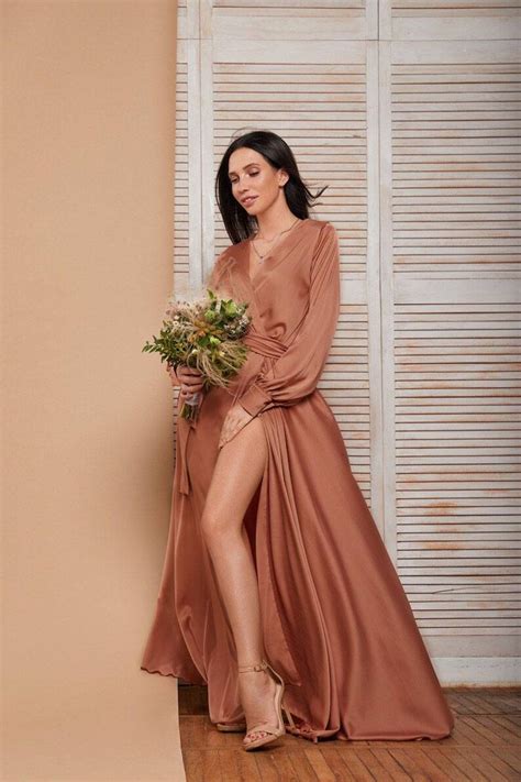 Rust Silk Satin A Line Maxi Wrap Dress Bridesmaid Etsy