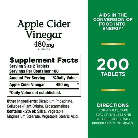 Natures Bounty Apple Cider Vinegar Supplement 480 Mg 200 Tablets