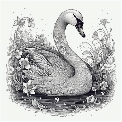 Premium AI Image | A black and white drawing of a swan with flowers and ...