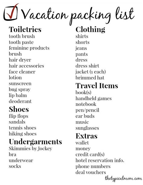 Free Printable Vacation Packing List The Typical Mom