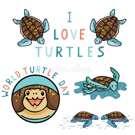 Cute I Love Turtles Cartoon Vector Illustration Motif Set Stock